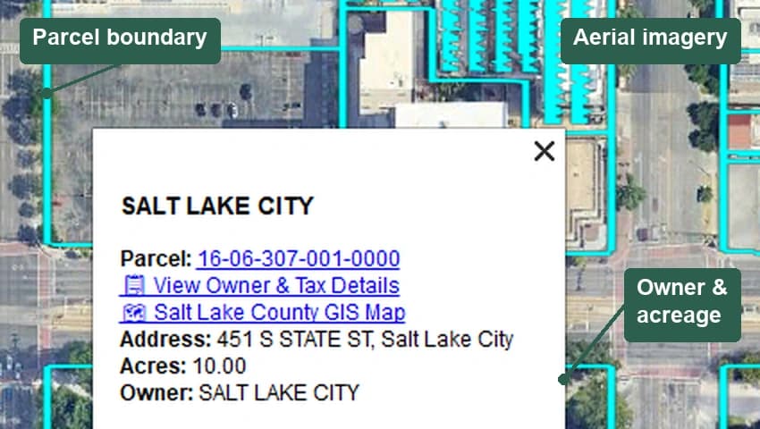 Google Earth Pro showing a Utah parcel outlined on aerial imagery, with an info balloon listing its parcel number, address, acreage and owner